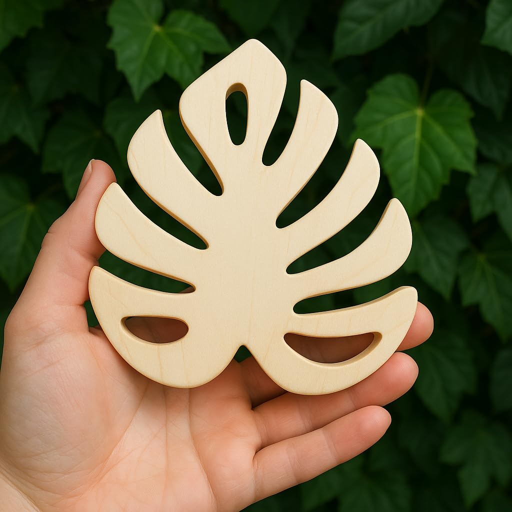 MAYUMI Monstera Leaf Wooden Coasters, Set of 4, 9 cm x 9 cm, Natural Wood