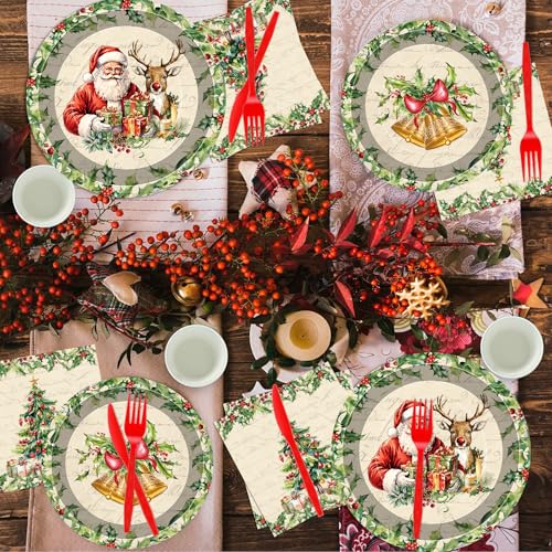 140 Pcs Christmas Party Supplies Set, Disposable Dinnerware Set for 20 Guests Includes 7 & 9 Inch Santa & Reindeer Paper Plates, Napkins, Cups, Forks, Spoons, Knives for Holiday Tableware – Image 6