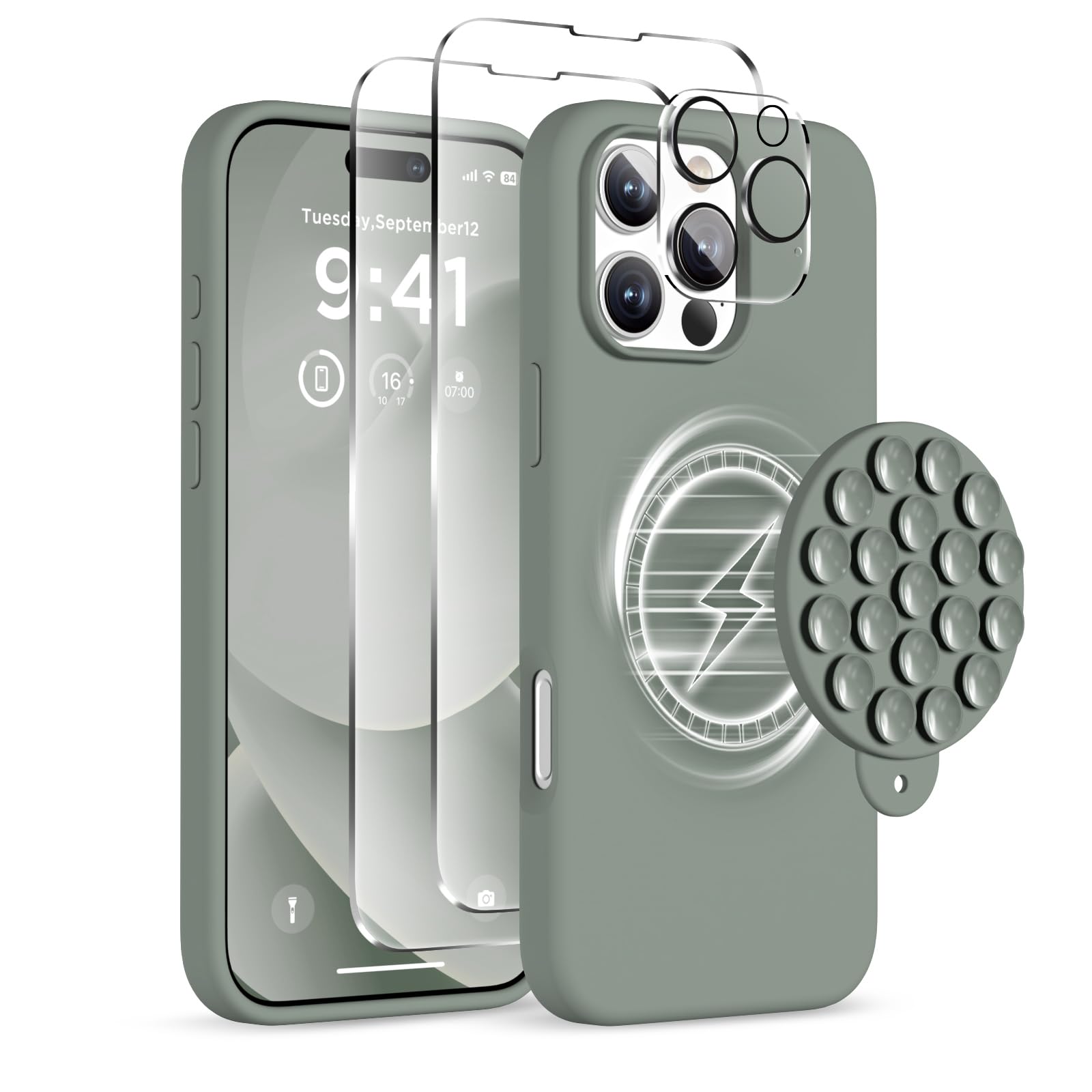 COFFKER Magnetic for iPhone 16 Pro Case, Compatible with Magsafe, Suction Cup Phone Mount, 2 Screen Protectors - Camera Protector, Silicone Shockproof