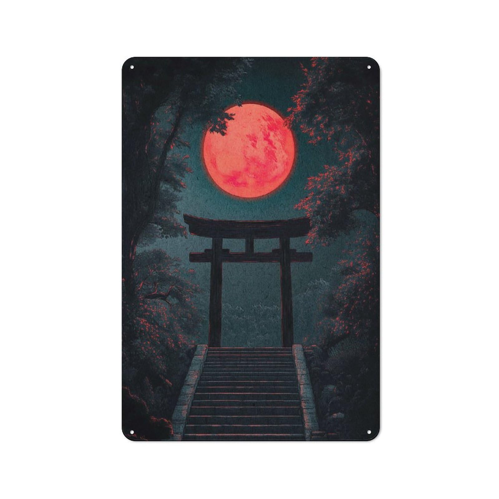 Junmoney Red Moon Torii Gate Vintage Tin Sign 30X20cm Featuring For Workshop Wall, Gift For Metal Sign Collectors During The Christmas Season