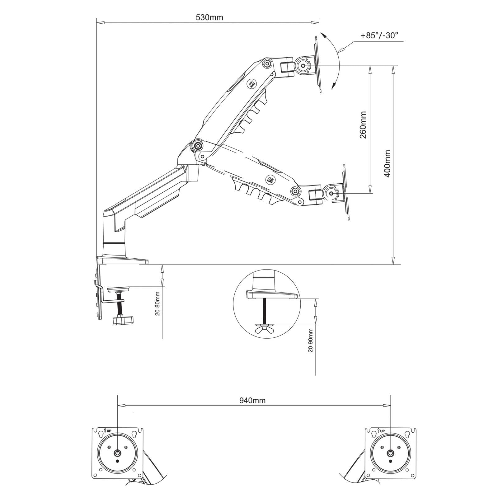 Soporte de Escritorio para 2 Pantallas LCD LED de 17 a 32 Pulgadas, Ajuste en Varios Ejes, pivote, Muelle de Gas de hasta 2 x 9 kg