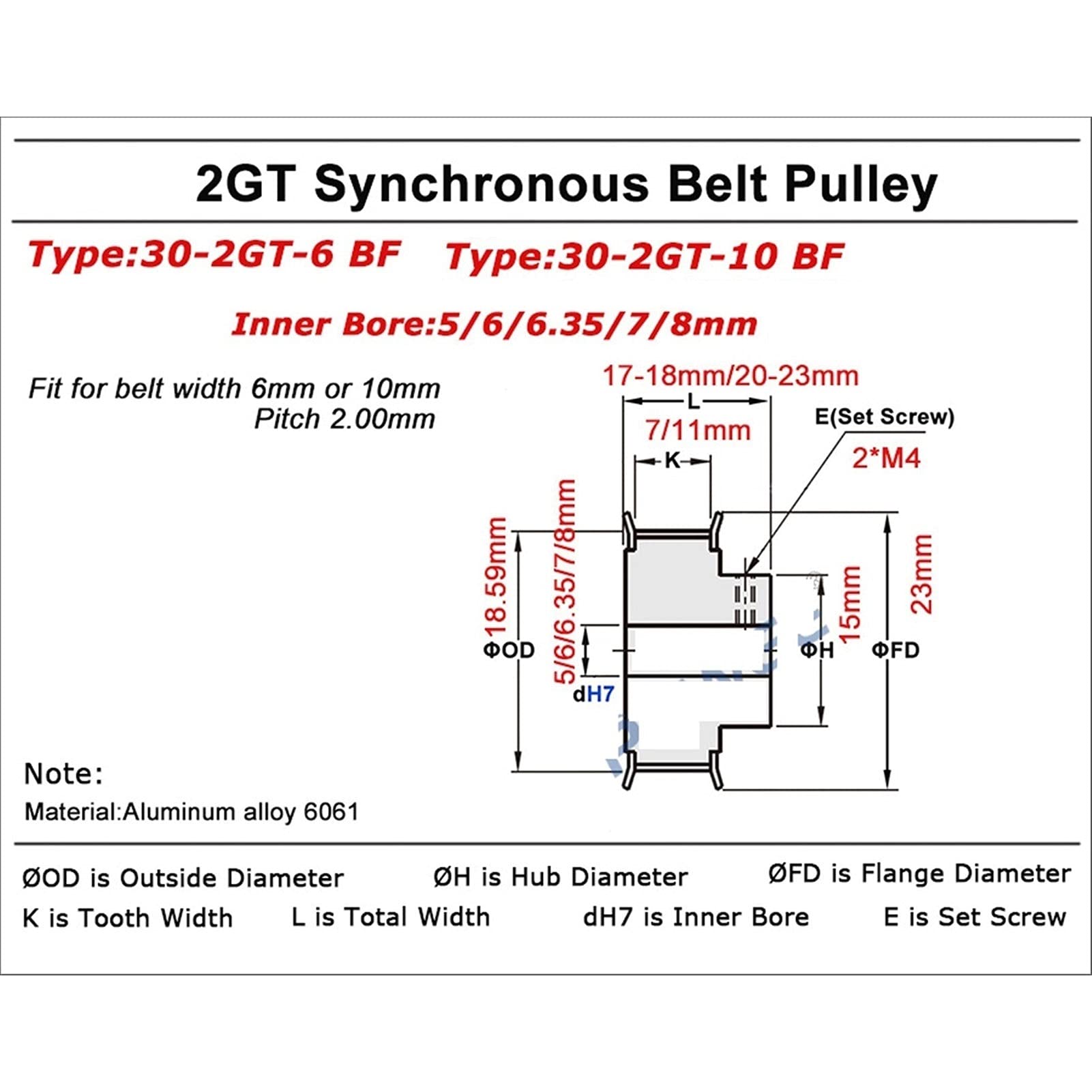 Timing Pulley 2GT Timing Pulley, Bore 5/6.35/8/10mm, Fit Width 6/10/15mm GT2 Synchronous Belt, for 3D Printer 30T 30Teeth GT2 Pulley (NO.1344)(Belt Width 10mm,Bore 8mm)