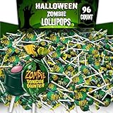Halloween Candy Zombie Lollipops, 96 Count, Bulk Halloween Suckers Tongue Painter Party Treat, Green Colored, Strawberry Flavor Bubble Gum Pops, Individually Wrapped Trick or Treat Candies for Kids