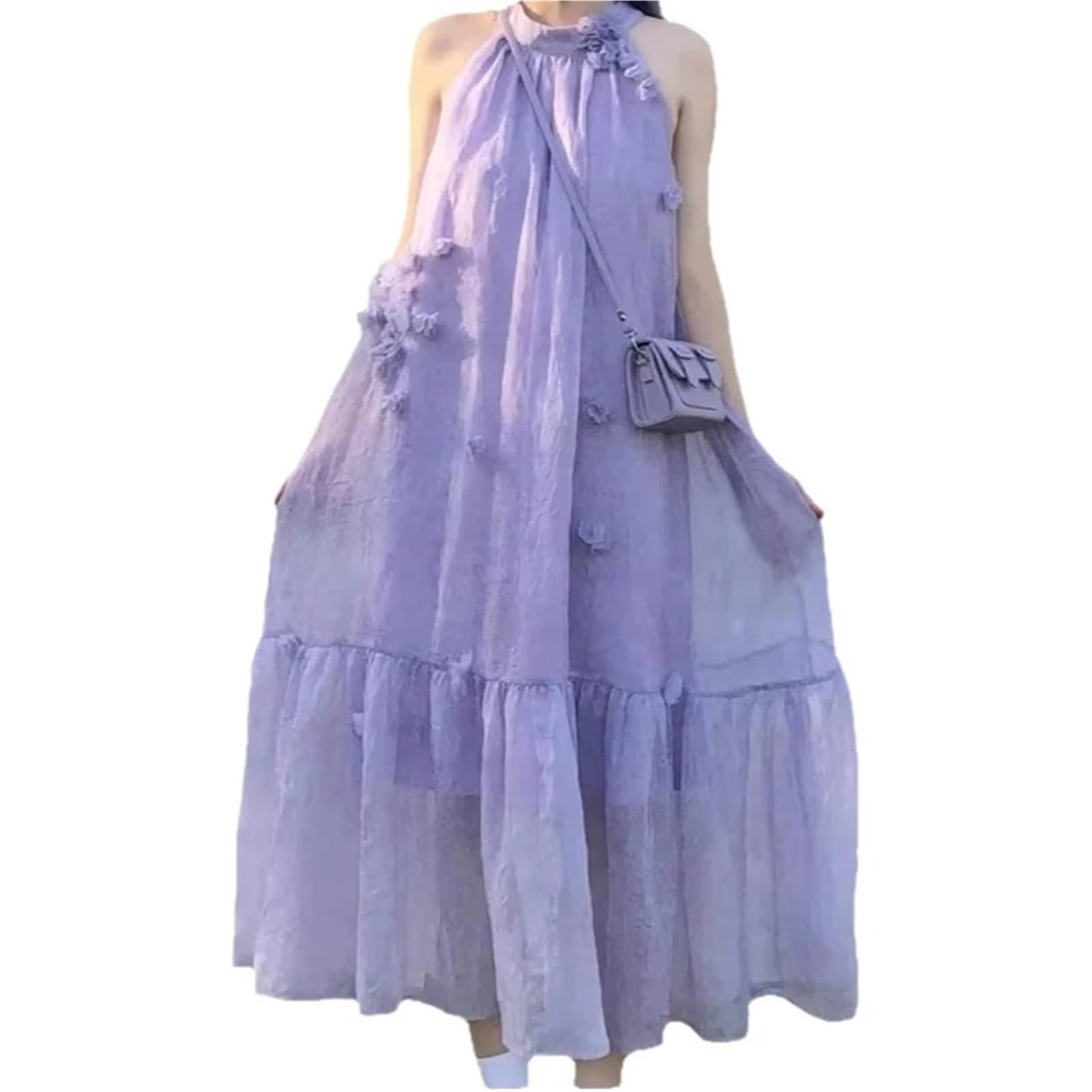 Vestido Morado Estilo francés con Cuello Halter for Mujer, Vestido Largo Adelgazante de Verano Tirantes for Vacaciones en la Playa, Dulce y Fresco