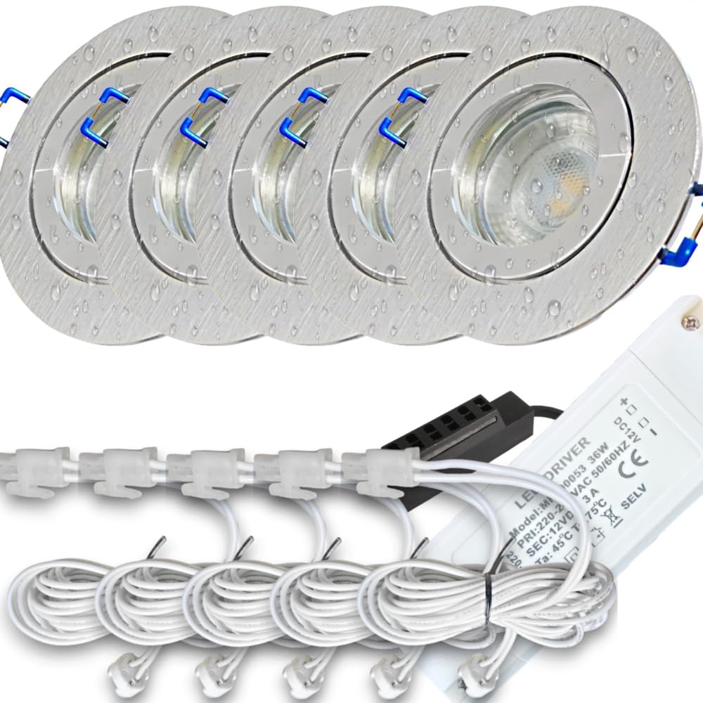 Rolux LED Einbauspots 12V Set IP44 für Bad & Küche – 5er Set Aluminium gebürstet mit Chromring & Trafo – 3W 250lm 3000K Warmweiß – MR16-AMP-Kabel 120 cm – Bohrloch Ø 60–68 mm, Einbautiefe 55 mm