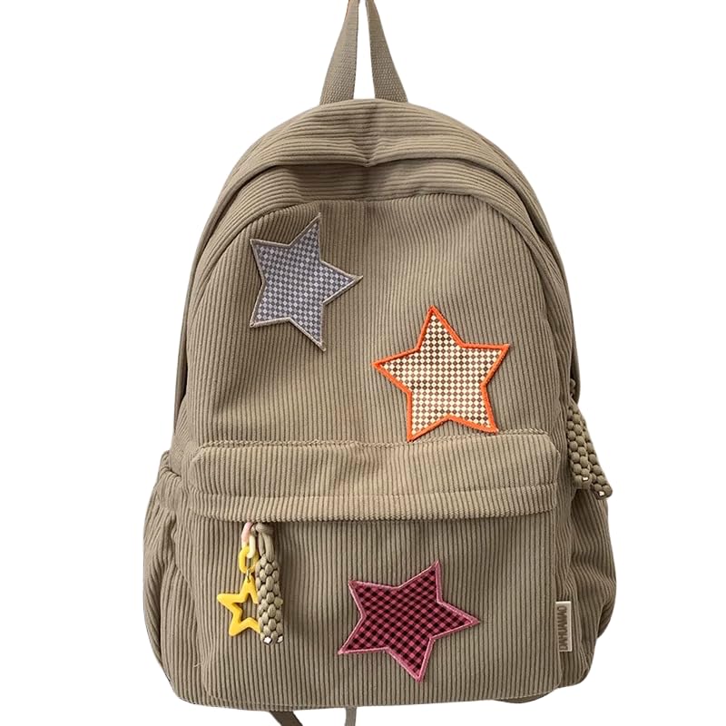 Corduroy Backpack with Star Pattern, Trendy and Versatile, Fits 14'' Laptop Large Capacity Daily Commute (Khaki)4