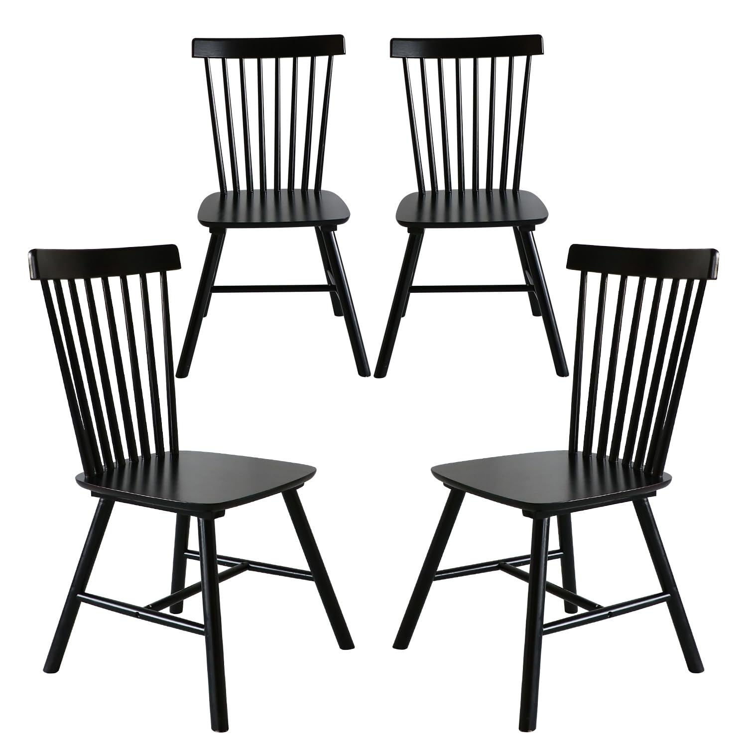 MSOBAIW Dining Chairs Set of 4,Black Windsor Chair Farmhouse Spindle Back Wood Dining Room Chairs, Solid Wooden Kitchen Chair for Living Room, Restaurant