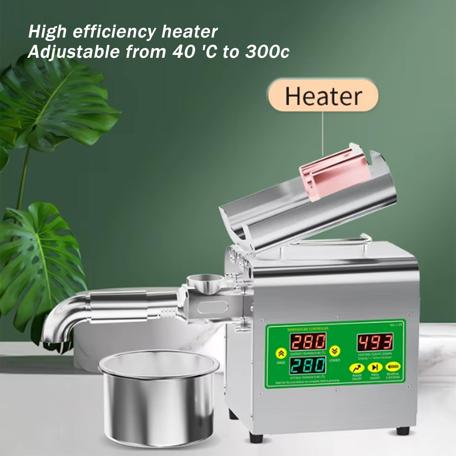 Prensa de aceite eléctrica para uso doméstico, 1500 W de alta potencia, modos de prensado en frío y caliente, funcionamiento automático, construcción de acero inoxidable, apto para uso alimentario.