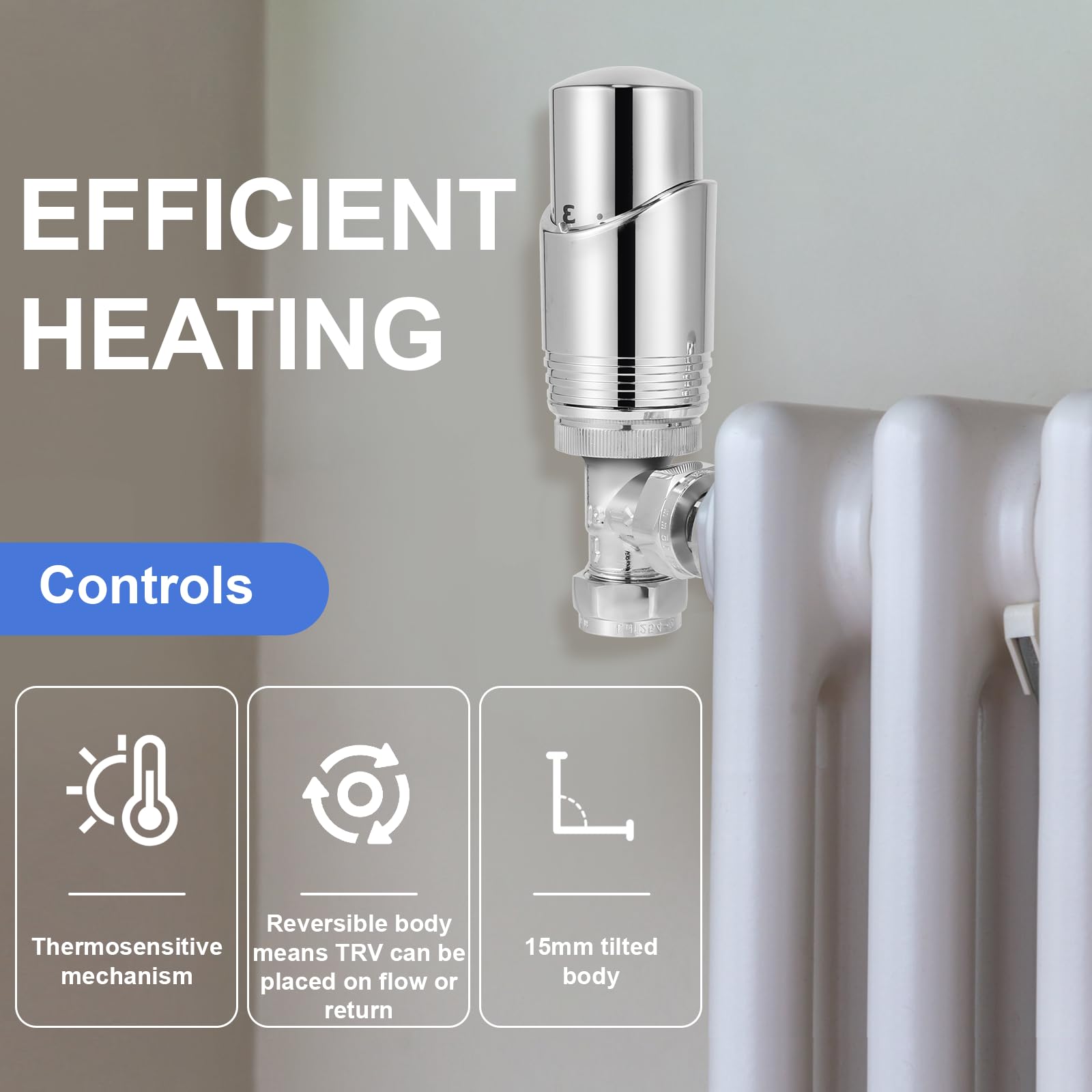 SVNR Thermostatic Radiator Valves (TRV), Textured Chrome, Angled Lockshield Valve, 15mm - Image 2