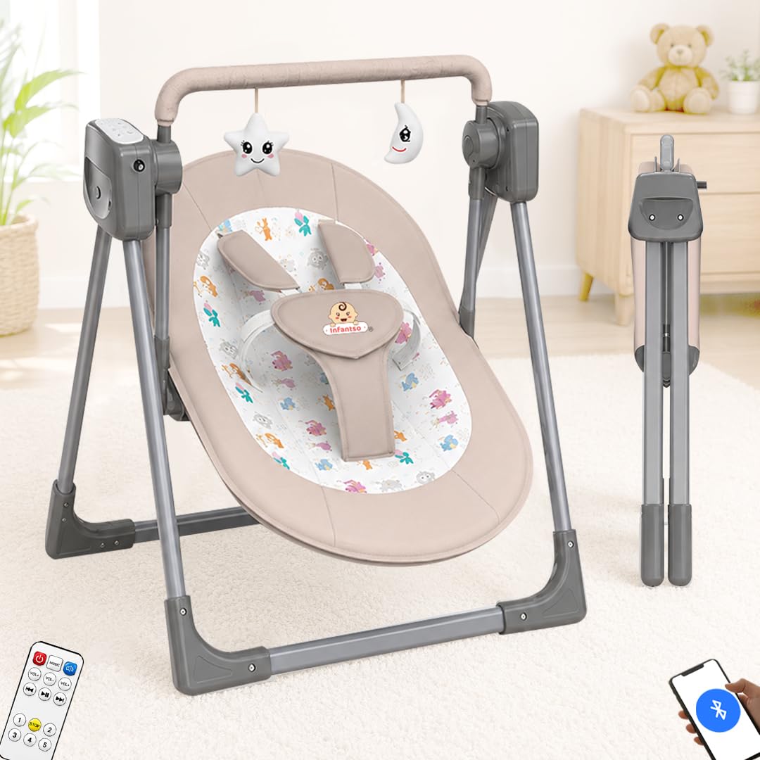 Infantso Automatic Baby Swing with 5 Point Safety Harness, Adjustable Swing for Baby 0-2 Years with Buletooth & Remote Control, 5-Speeds, Mosquito Net, Soothing Music, Free Cushion-image-19
