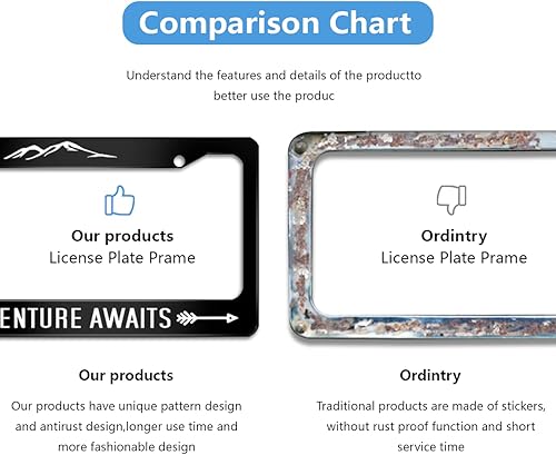 Miniatura 3 de Marco de matrícula divertido con textos de humor "La aventura te espera" de acero inoxidable negro para etiqueta de coche con 2 agujeros y