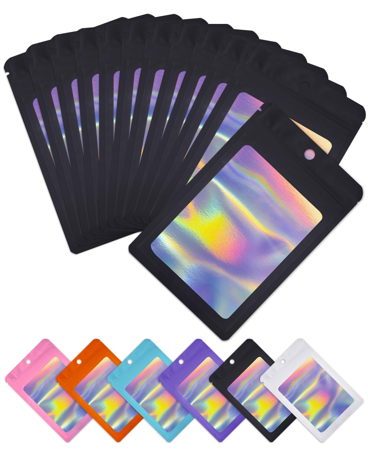 ColemolyBlack Resealable Bags Holographic Bags Packaging Bags 300 PCS with Clear Window for Food Storage Jewelry Supplies Small Business (Outer Size 3.54x5.31 Inch/Inner Size 3x4 Inch)