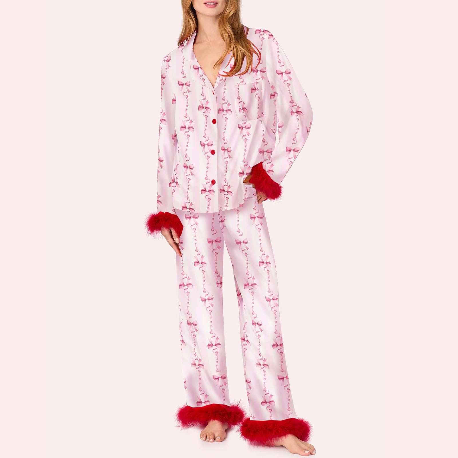Women Set Heart Print Satin Trim Long Sleeve Shirt Pants Lustige Babysachen Mädchen Damen Schlafanzug Lang Pyjama Flanell Frottee Winter Zweiteiler Weihnachten Baumwolle Kuscheliger Sexy
