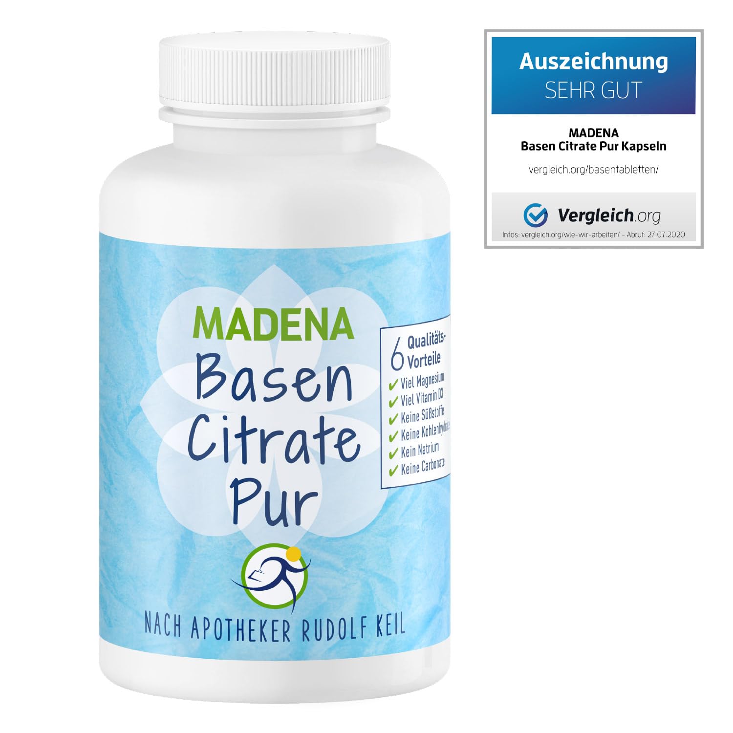 MADENA BasenCitrate Pur, 180 Kapseln, Elektrolyte-Lieferant mit 100% organischen Basen und viel Magnesiumcitrat, Zink, Kalium, Calcium, plus viel Vitamin D3