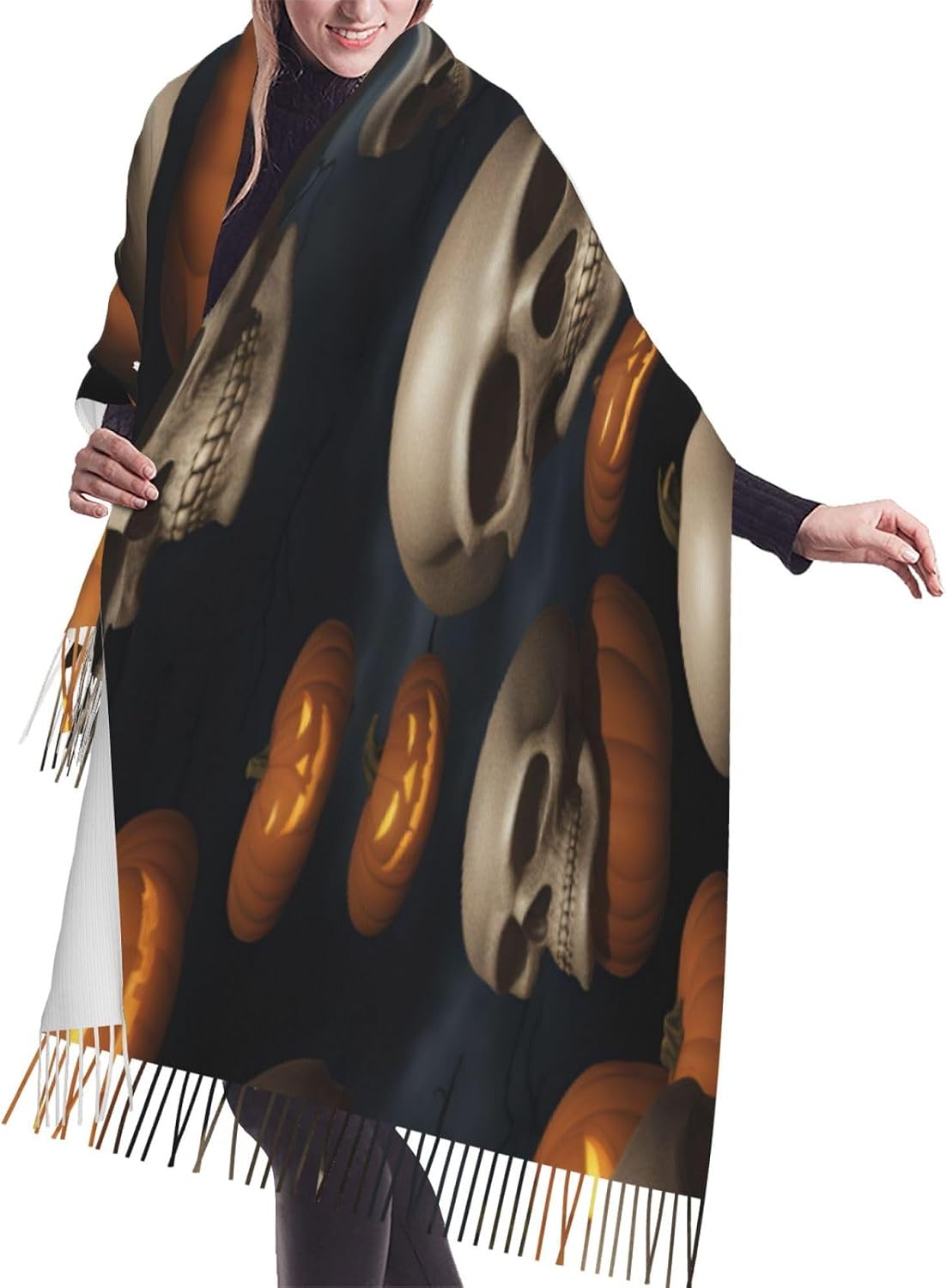 Halloween Skull Print Polyester Fringed Scarf 77x27 Inch Cozy Stylish Shawl Scarfs With Fringe For Fall, Winter Spring