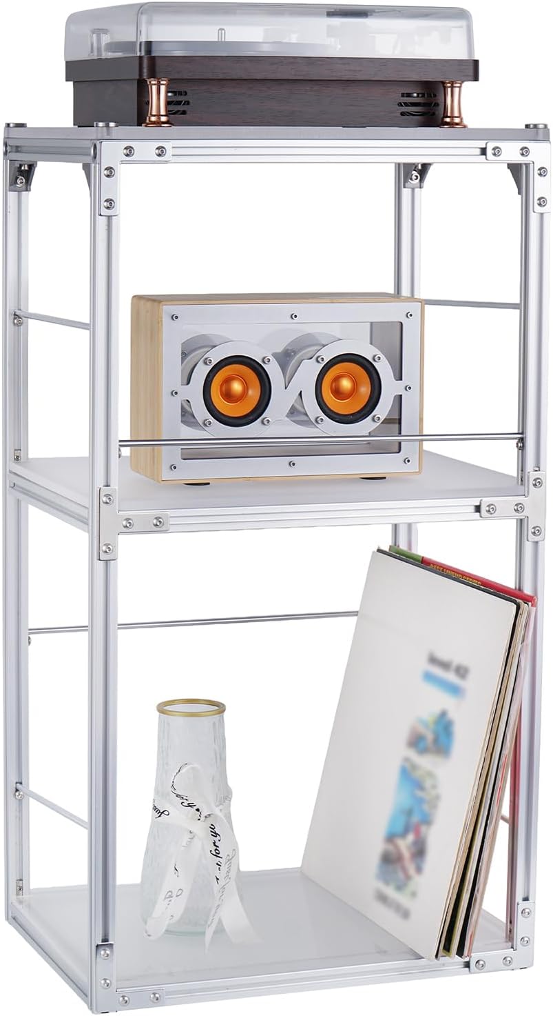 record player stand with vinyl record storage, end table style record stand, silver aluminum & acrylic vinyl record stand, modern record table