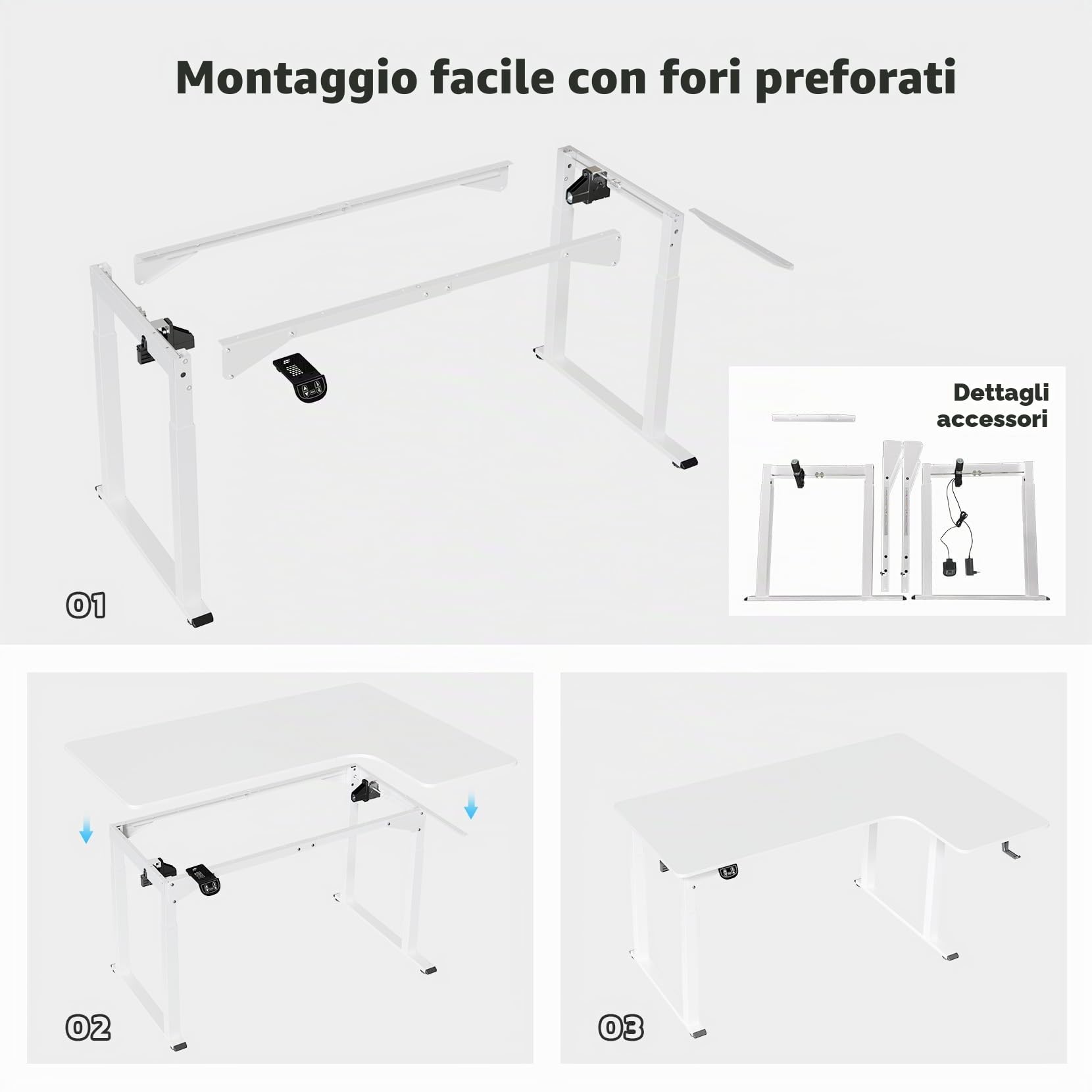 Dripex Scrivania regolabile in altezza 180x110cm, Scrivania ad angolo con doppio motore, Standing Desk con 4 gambe per una super stabilità, bianca