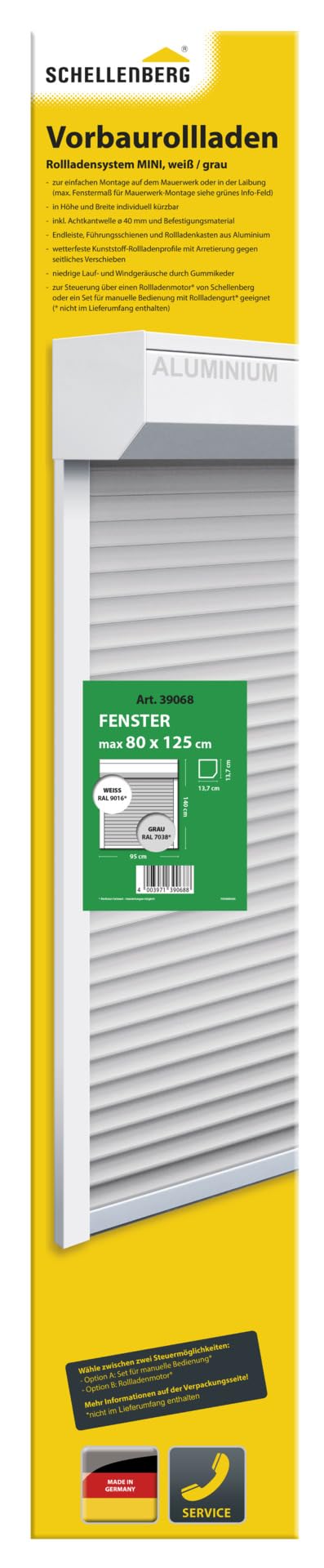 Schellenberg 39068 - Set di tapparelle per finestre, sistema di tapparelle Mini, 95 x 140 cm, bianco/grigio, per tapparelle esterne a 45°, in alluminio, con guide di guida, in PVC