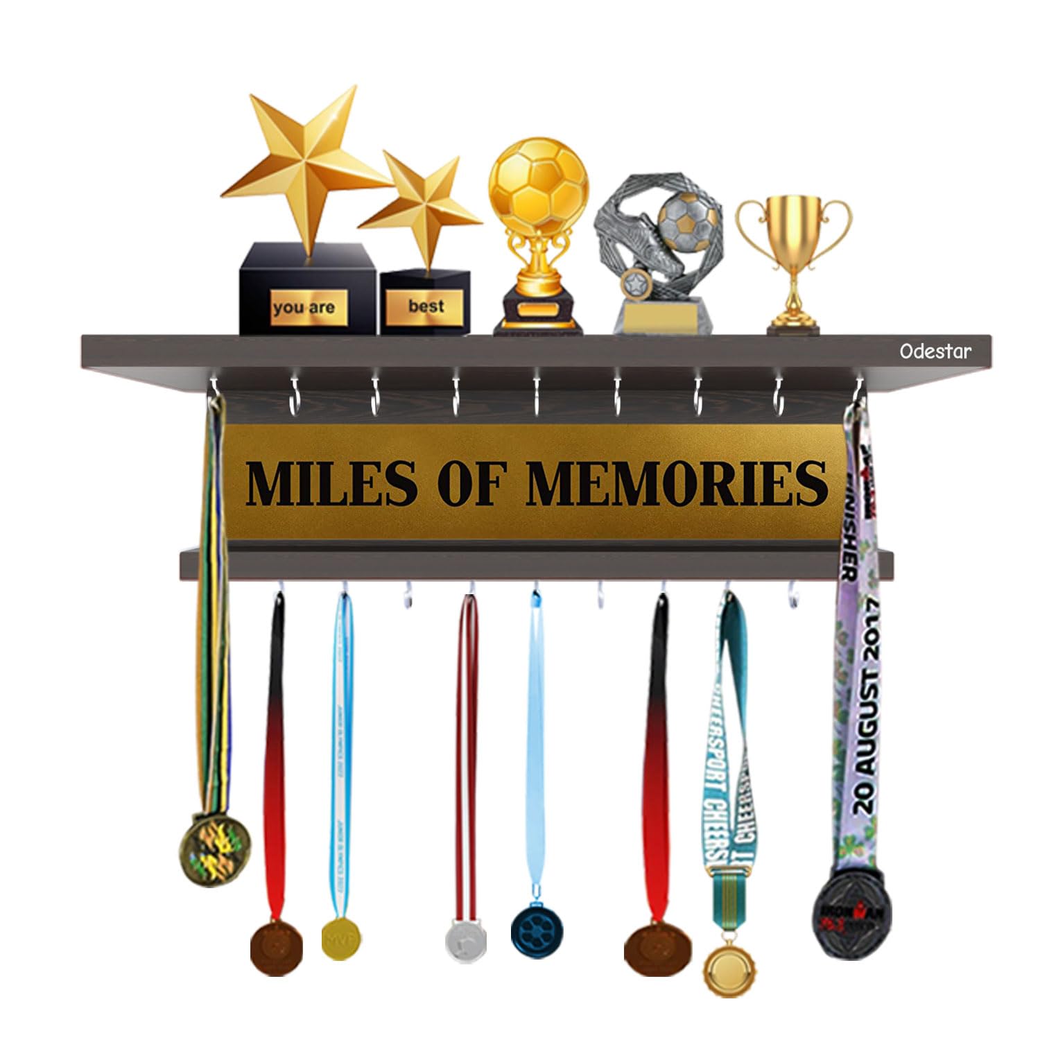 Odestar Wooden Medal Holder Hanger, Wenge, 40x5x8cm | Miles Of Memories, Engineered Wood, 18 Hooks, Wall Mounted, Award & Trophy Shelf