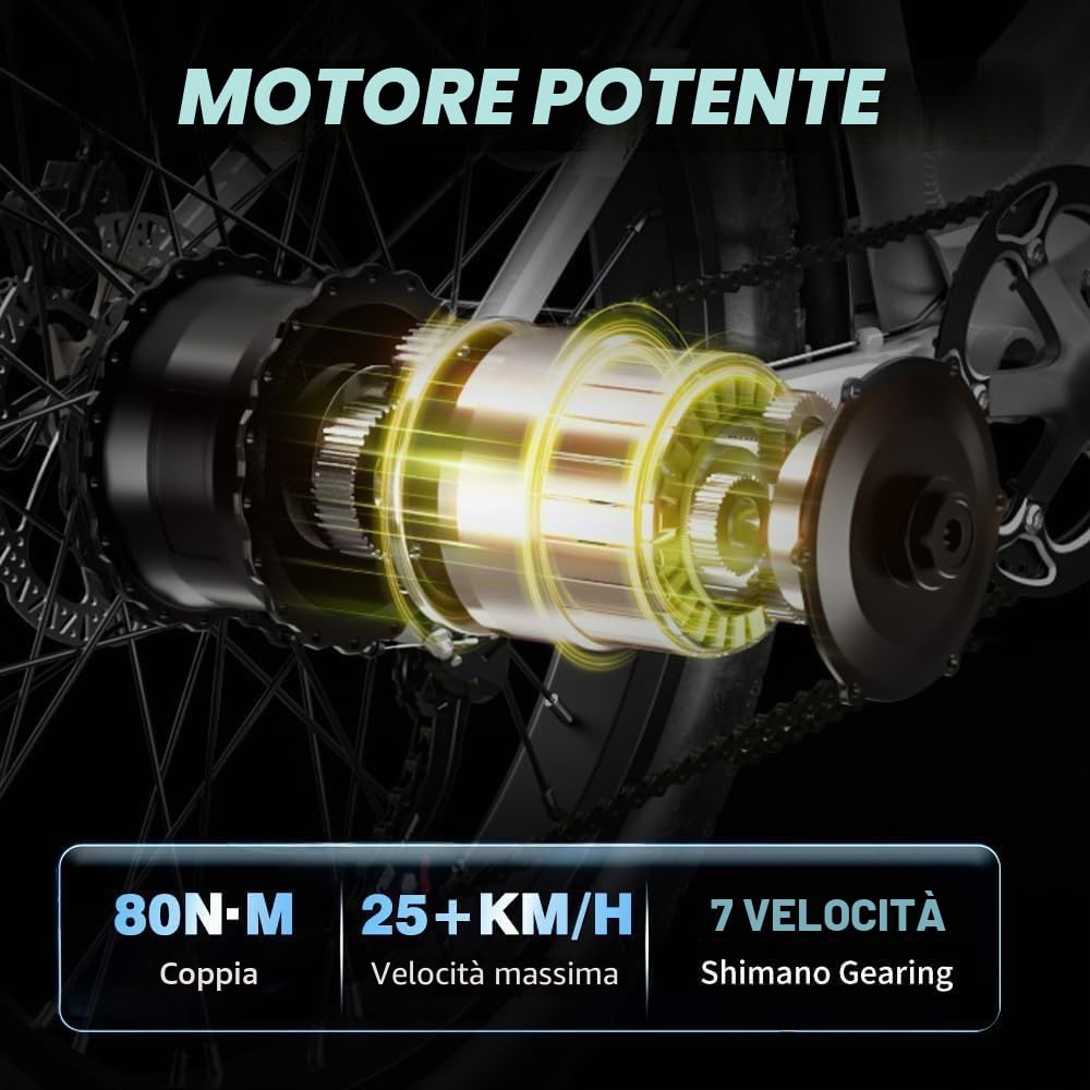 Shengmilo MX06 Bicicletta Elettrica Uomo/Donna, 80N.M, 26 Pollici Pneumatico Largo, Cambio a 7 Marce, Batteria 48V17.5AH, City Bike