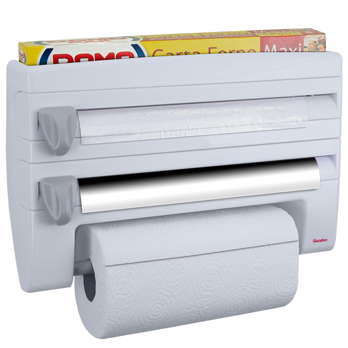 Metaltex 254410 Dispenser portarotolo da cucina Roll-n-Roll 4-in-1, bianco, 39 x 10 x 25 cm.