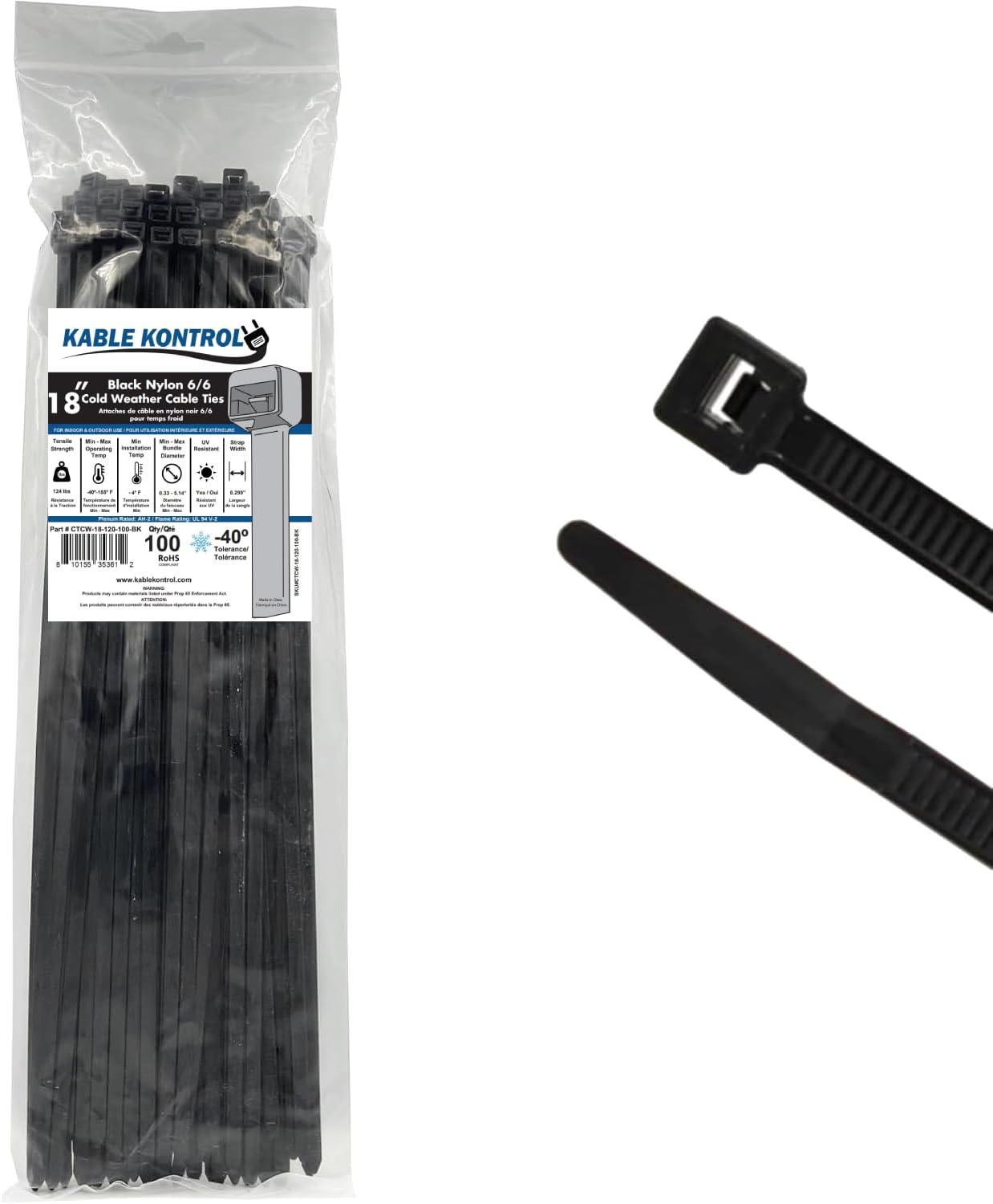 Kable Kontrol Cold Weather Cable Zip Ties 100 Pcs 18 Inch Black, 120 Lbs Tensile Strength, Self-locking UV Resistant Nylon Wire Ties, Up to -40°F Outdoor Use