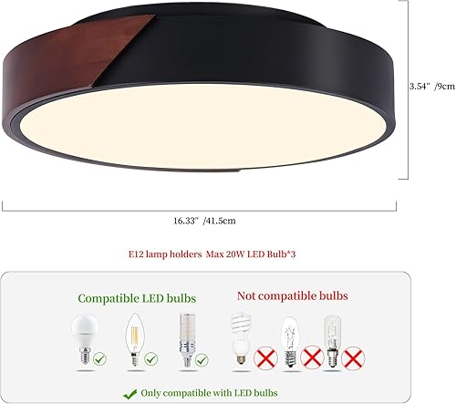 Miniatura 6 de Lámpara de techo moderna negra de montaje empotrado, E12 de 3 luces de madera cerca del techo, lámpara de techo redonda minimalista para dormitorio,