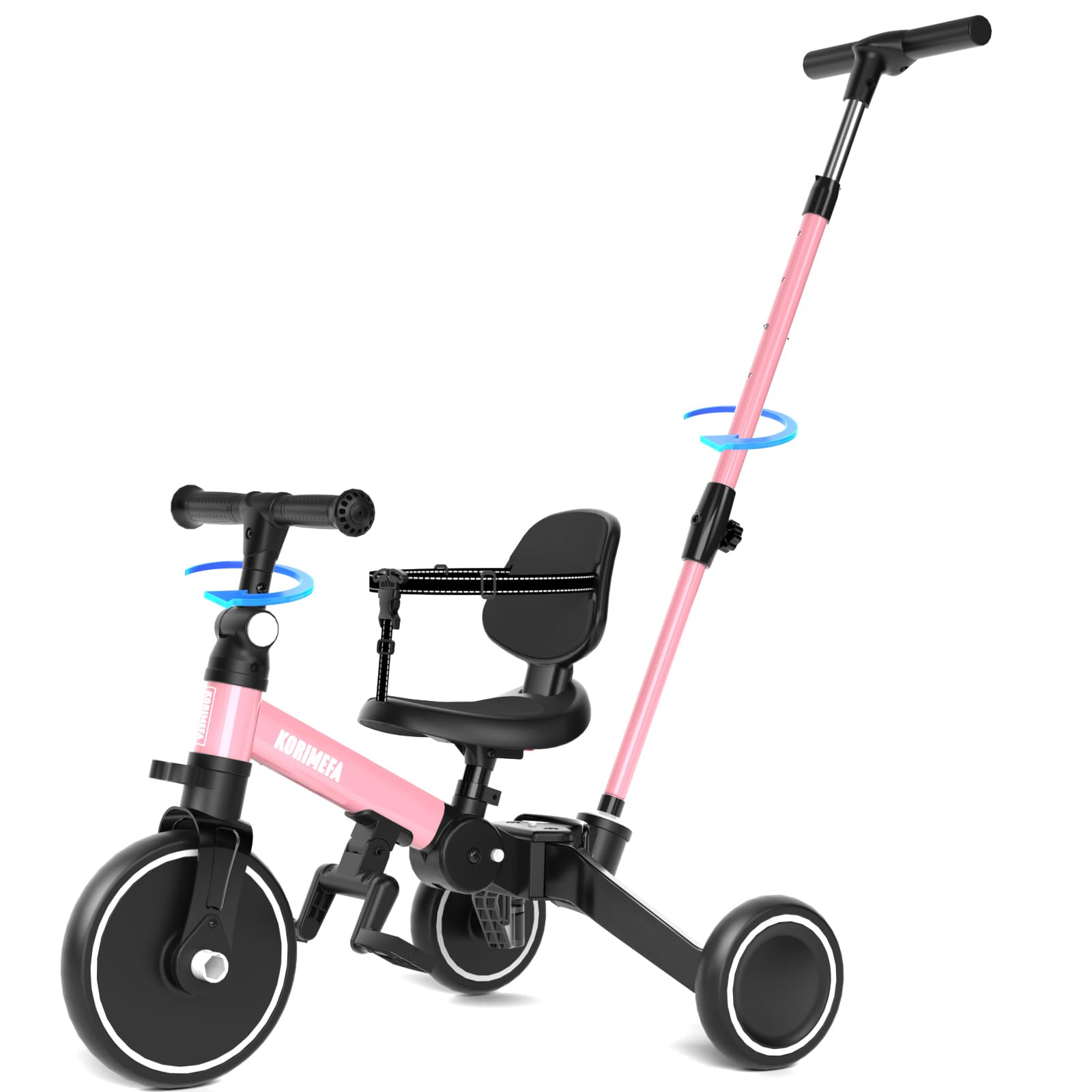 KORIMEFA Bicicletta per bambini, Triciclo a 3 ruote per bambini da 1-3 anni,maniglia di spinta, pedale rimovibile,schienale,maniglia di guida per i genitori,Natale per il primo compleanno (Rosa)