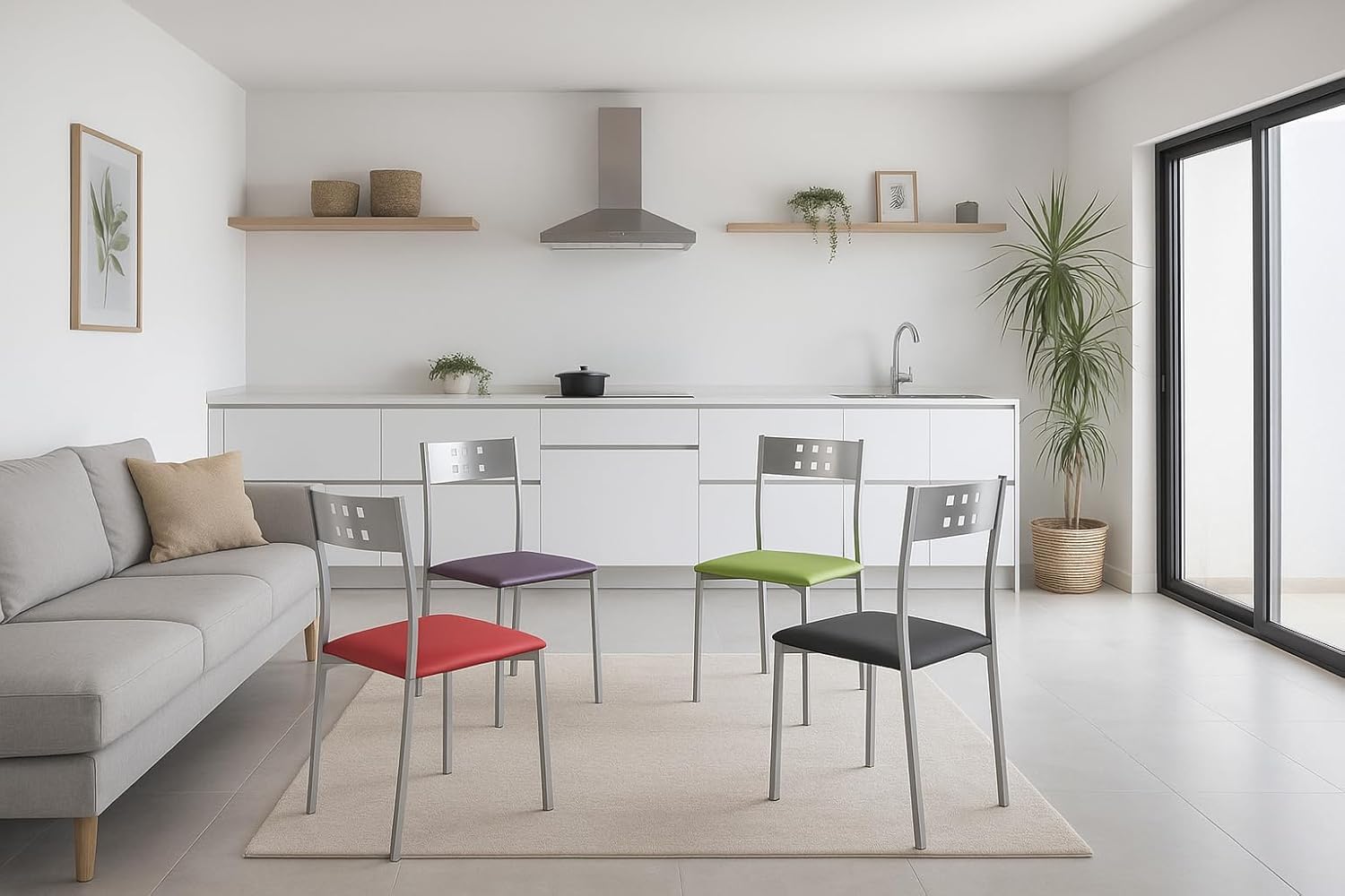 MOMMA HOME Set 2 Sillas de Cocina y salón -Xara - Material Metal Color Plata y Asiento en Cuero sintético - Medidas 41 x 47 x 86 cm. (Blanco)