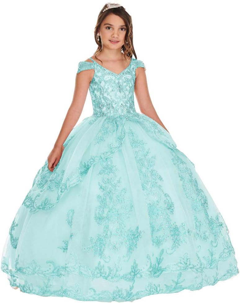 Flower Girl's Lace Applique Pageant Party Dress Floor Length Tulle Ball Gowns for Kids