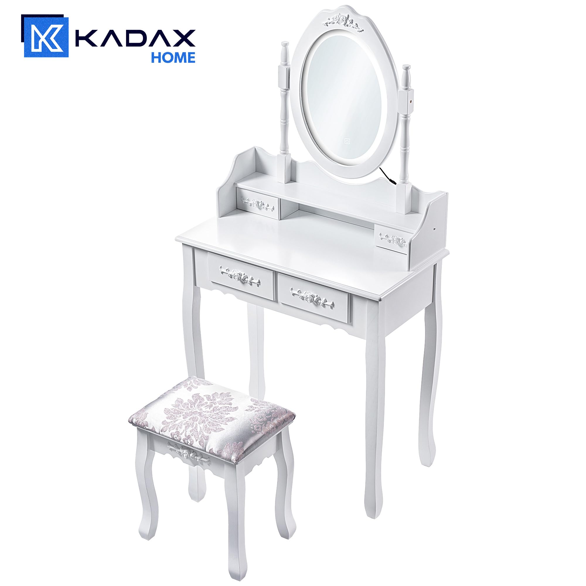KADAX Schminktisch mit Spiegel, Schublade und Schemel, 75 x 40 x 147 cm, Frisiertisch, Frisierkommode, Kosmetiktisch für Schlafzimmer, Garderobe (Weiß)