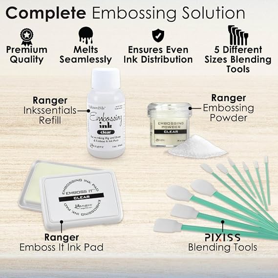 Ranger Emboss It Ink Pad and Reinker and Embossing Powder (Clear) and Blending Tools - Clear Embossing Ink Pad, Ink Refill, Embossing Powder and Blending Brush Tools for Card Making, Scrapbooking