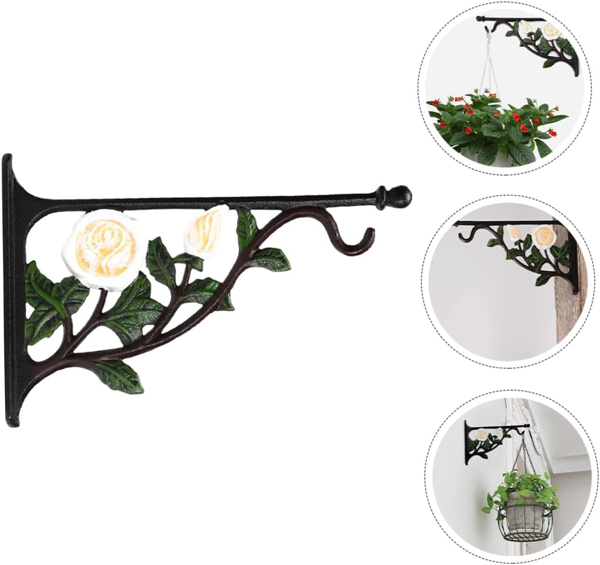 Milisten Cast Iron White Rose Wall Mounted Flower Basket Hook for Hanging Plant Pots, Bird Feeders, and Wind Chimes Indoor Outdoor Garden Décor Hanger