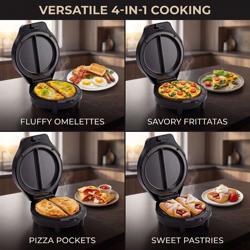 Dual-Zone Electric Omelette Maker, Omelette Pan Nonstick, No-Flip Cooking Makes 2 Omelettes at Once, Compact with Easy-Clean Non-Stick Surface for Eggs and Pancakes Black