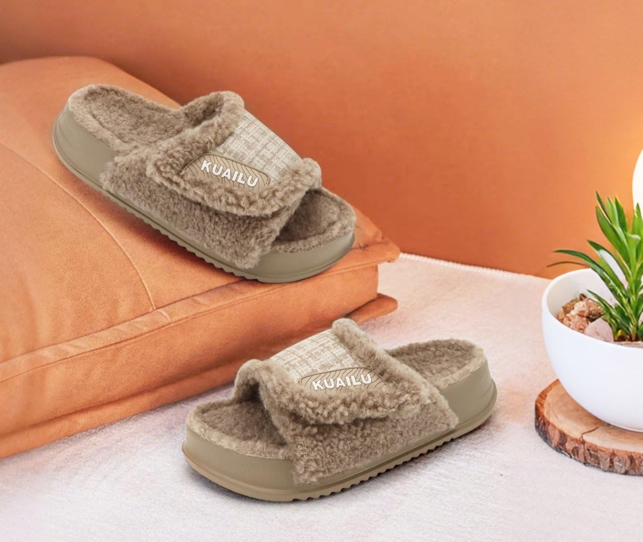 KuaiLu Cushion Slippers For Women with Orthotic Arch Support Wide Adjustable Open Toe Flatform Furry Fur Sandals Warm Teddy Fleece Recovery Slides Slip On House Shoes Indoor Outdoor, Beige US7 - Image 3