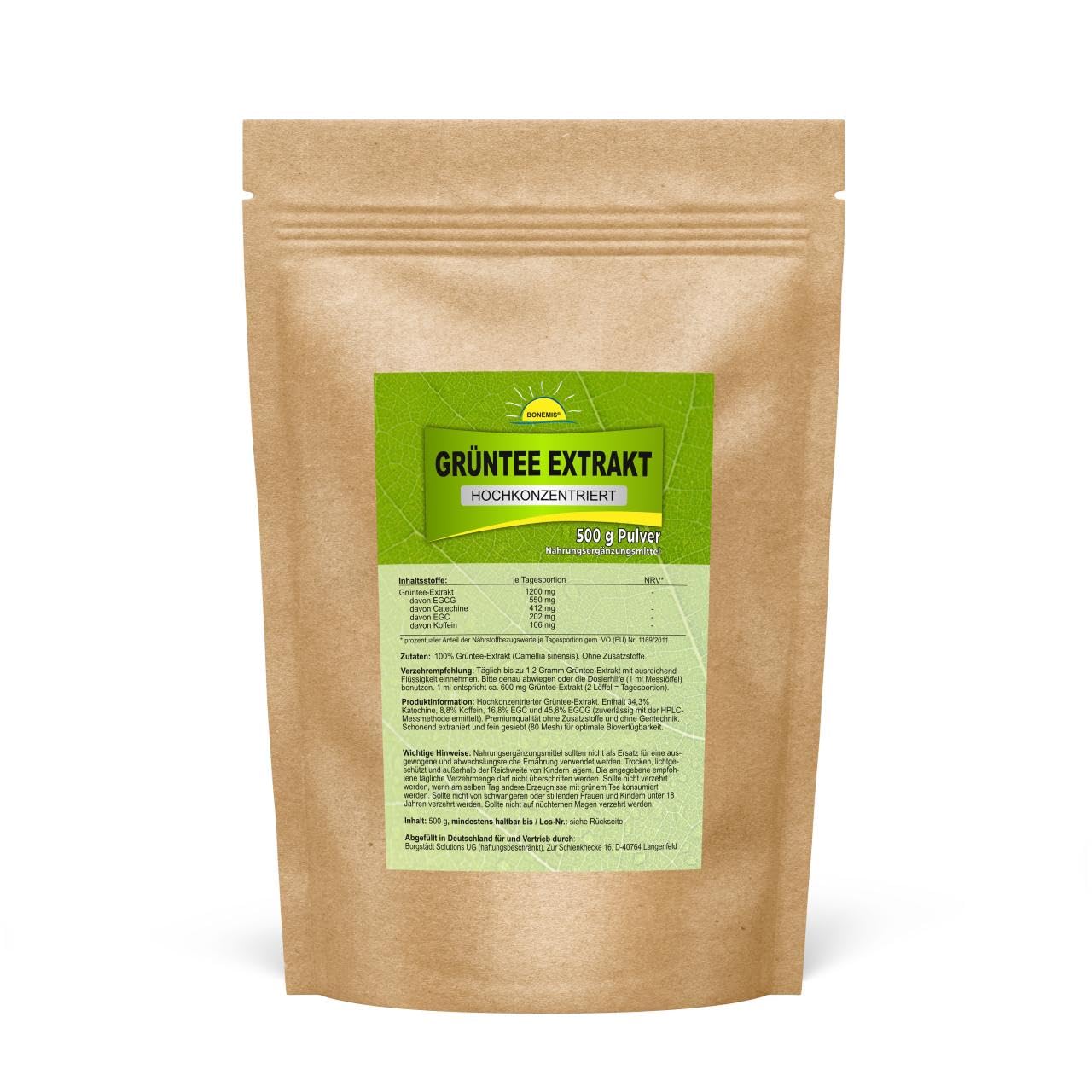 Grüntee Extrakt (hochkonzentriert, ohne Zusätze), 500 g Pulver im Beutel, enthält 45,8% EGCG (Epigallocatechingallat), Bonemis®