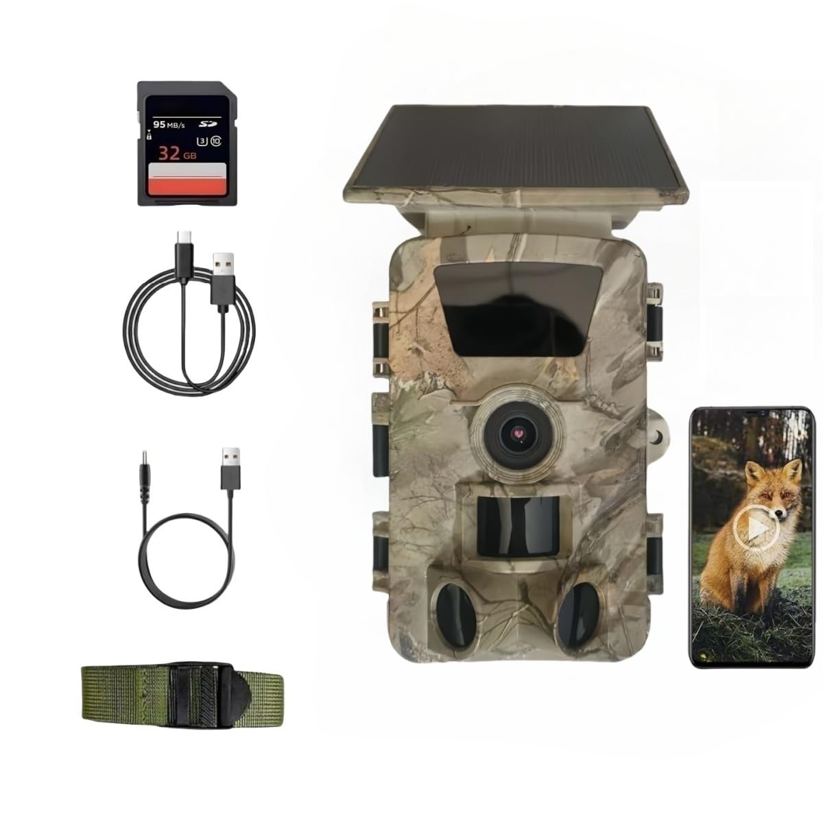 Wildkamera Solar WLAN mit Handyübertragung App, 5K HD Video WiFi Bluetooth Wildtierkamera mit Nachtsicht Bewegungsmelder, 5200mAh Solarpanel Akku 32GB SD-Karte Wildcamera Outdoor IP66 Wasserdicht