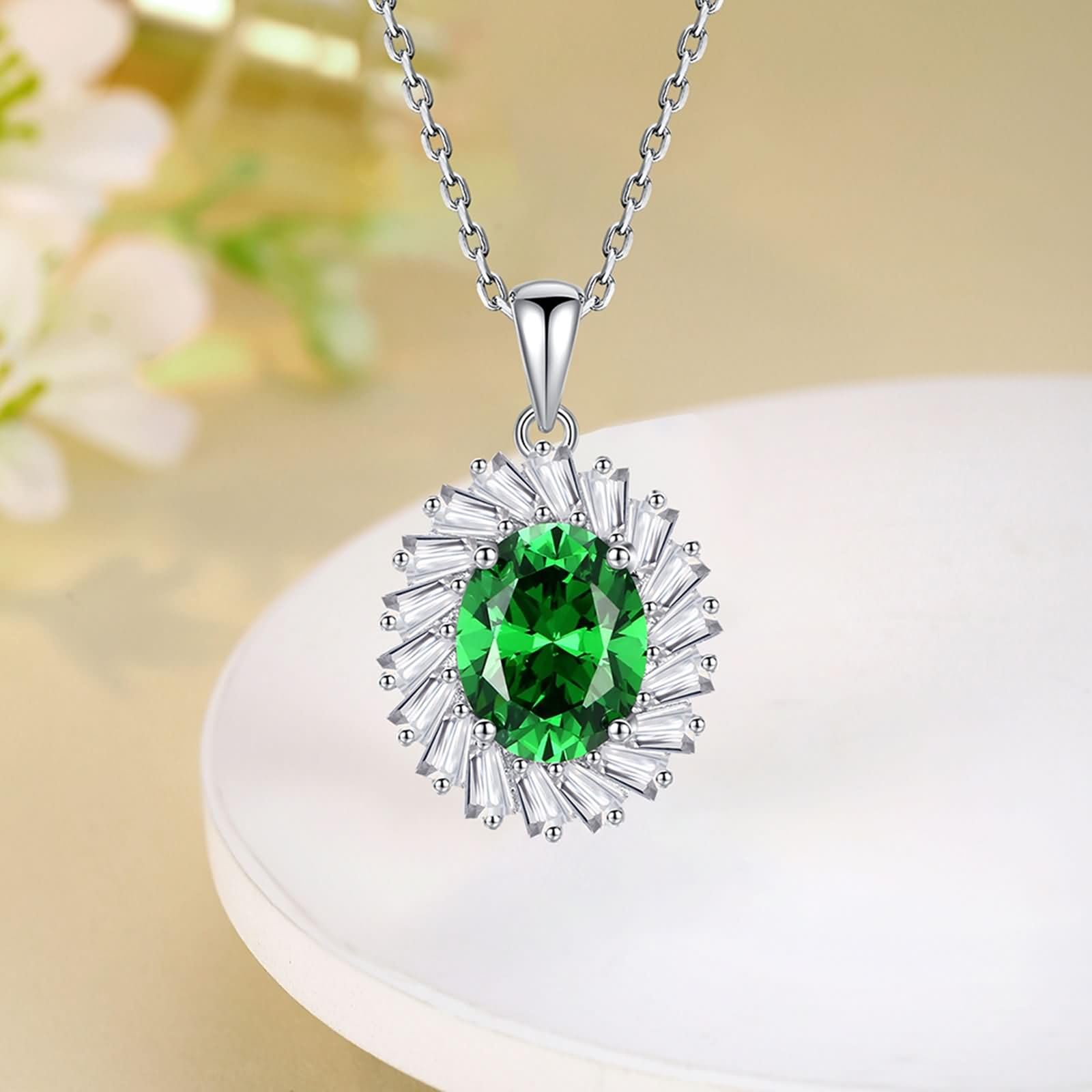 Collar de oro blanco de 9 kt/14 kt/18 quilates con colgante, 4 puntas ovaladas con esmeralda creada de 3 quilates y moissanita, collar para mujer, color verde plateado