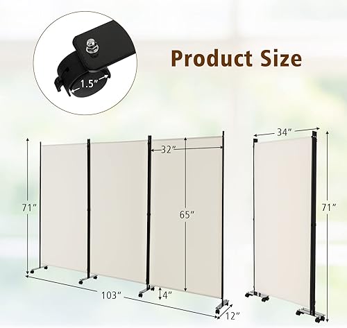 Miniatura 7 de GOFLAME Divisor de habitación plegable de 4 paneles, pantalla de privacidad enrollable de 6 pies con ruedas bloqueables, pantalla de partición de