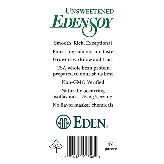 Edensoy Unsweetened Eden Organic Soymilk, Non-GMO, USA Whole Soy (Soya) Milk, Non-Dairy, Vegan, Plain, Shelf Stable, 32 oz