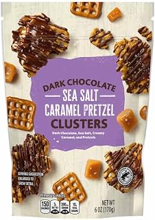 Dark Chocolate Caramel Pretzel Clusters With Sea Salt, Creamy Caramelized Covered Snack Snacking Food Gift Treat, 6oz Choceur Bag