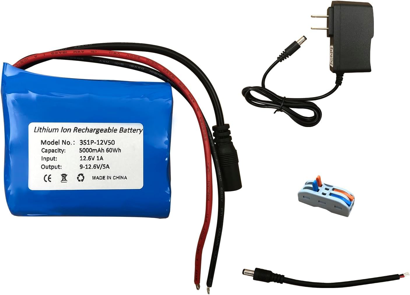 Seasider 12V 5000mAh Li-ion Battery Pack, Bare Leads Wire Lithium Replacement Battery with 12V Charger for 12 Volt Device RC Car, Robot, DIY, LED