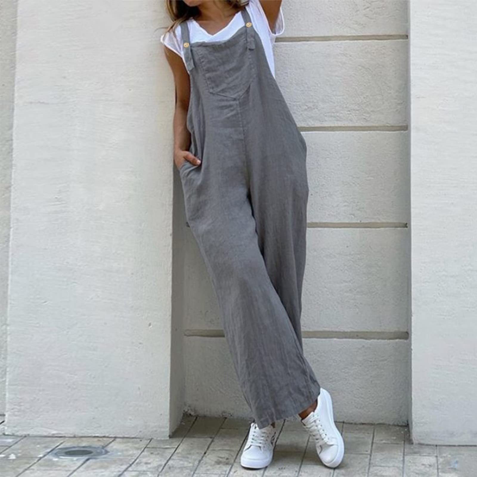 Mono de verano para mujer, ancho, holgado, peto de algodón con bolsillos, elástico