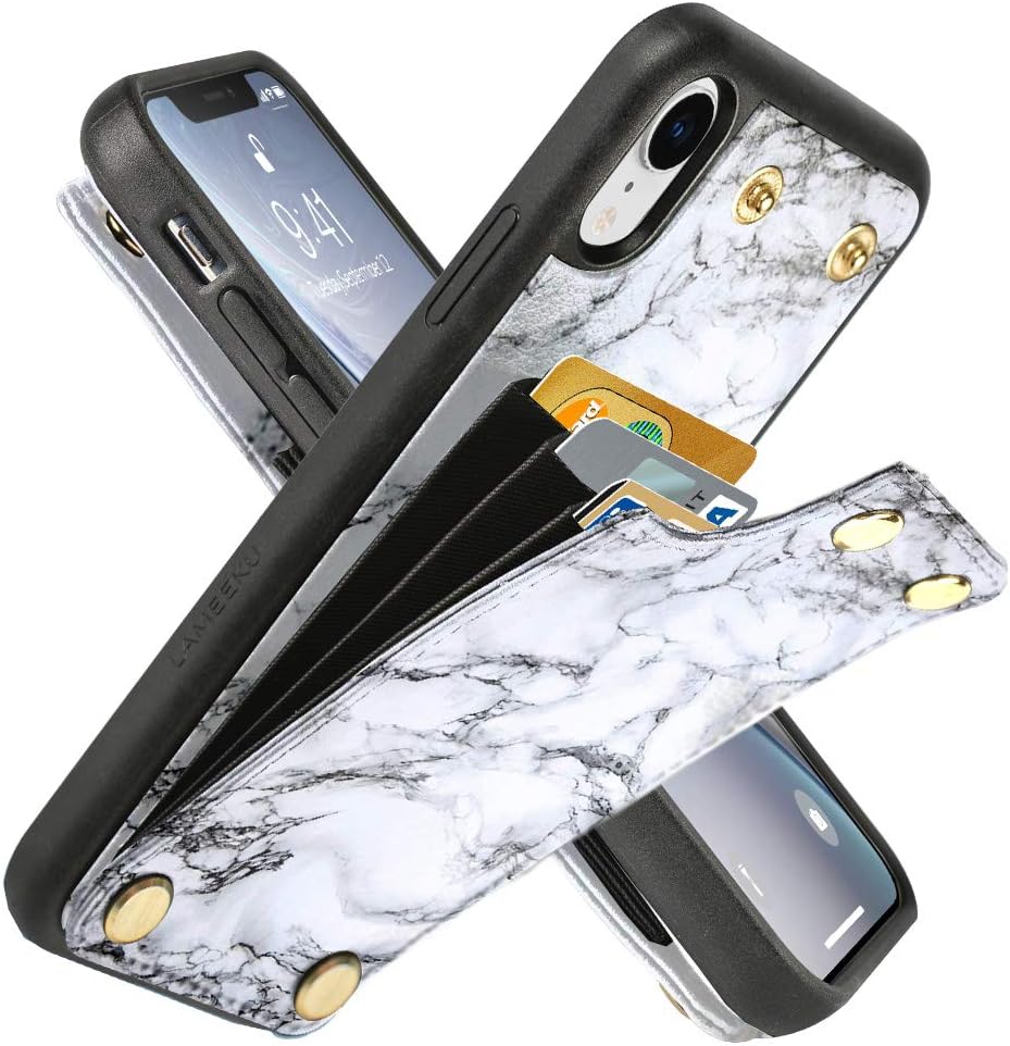 LAMEEKU Wallet Case for iPhone XR 6.1'', Marble Granite Pattern Case with Credit Card Holder Slot Money Pocket, Shockproof Protective Bumper Cover for iPhone XR - White Marble