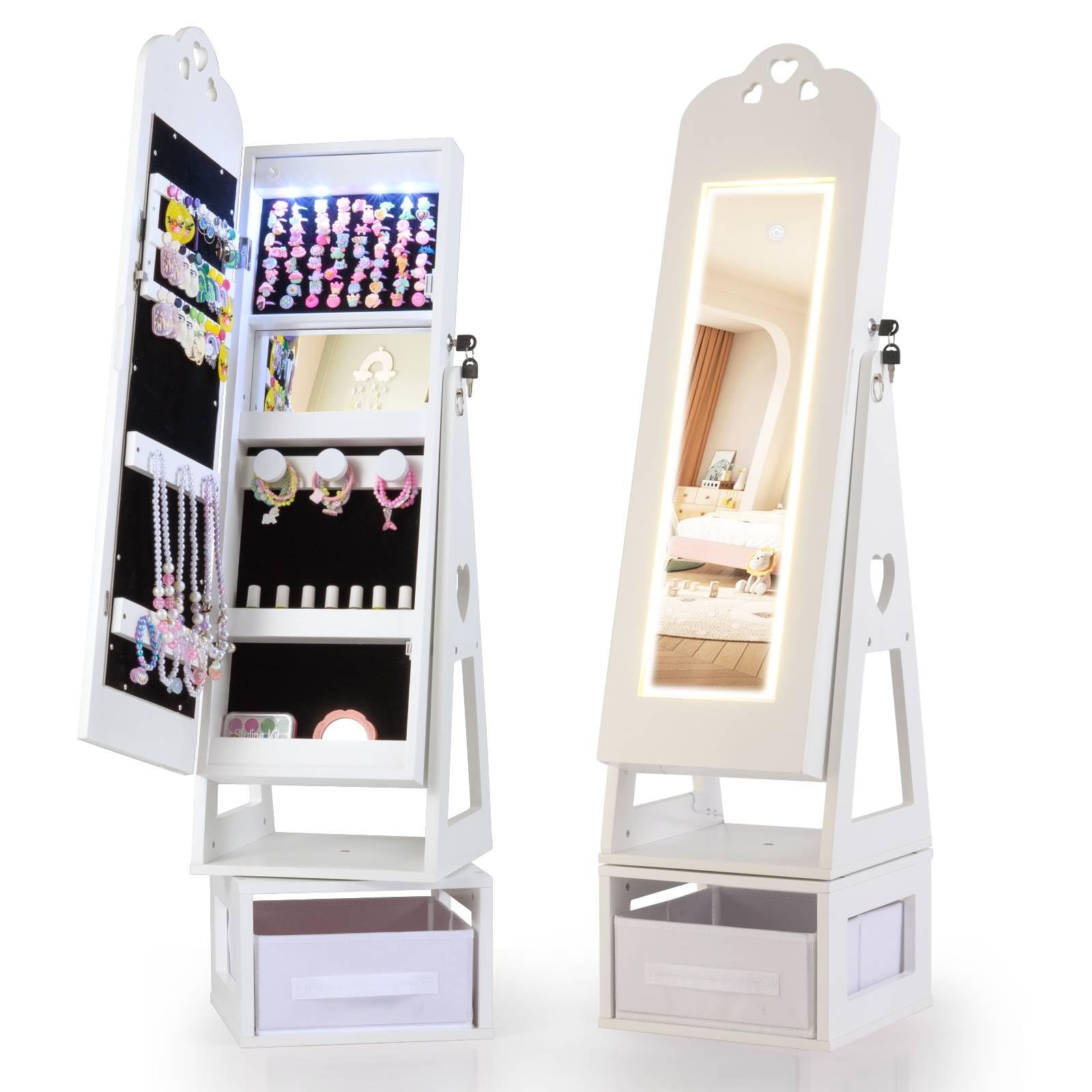 GYMAX Kids Jewelry Cabinet, Freestanding Girls Jewelry Organizer with Full-Length Mirror, Drawer and Anti-toppling System, 360°Swivel Children Jewelry Armoire for Bedroom (White, Heart with Lights)
