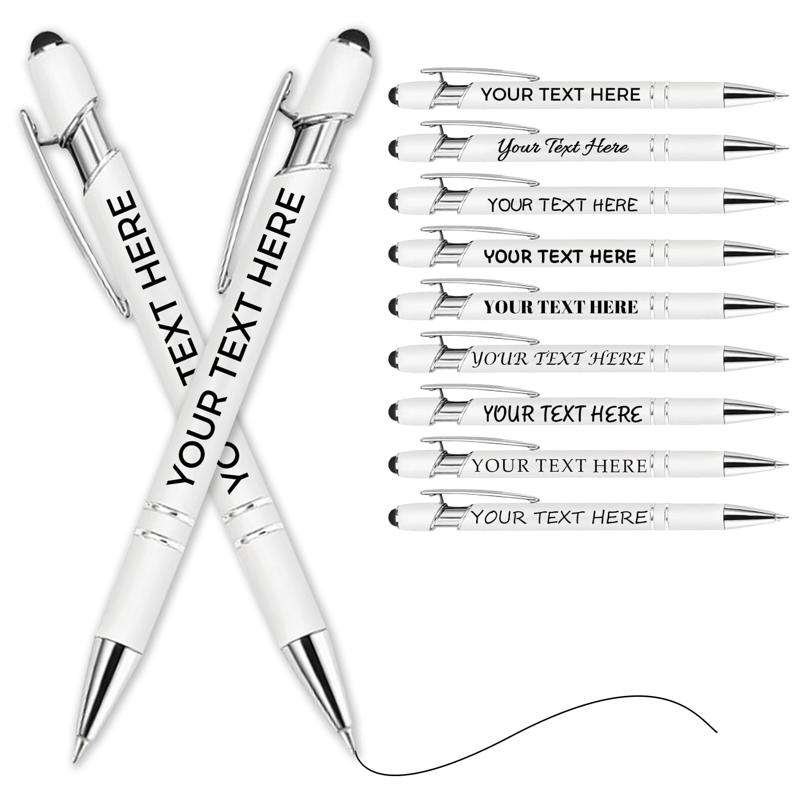 Personalised Pen Ballpoint Pens With Stylus,Customised Engraved Text Bulk Wholesale Pens - Ideal For Business Promotions, Schools, Company Event Giveaways, Personalised Gifts(White,100Pcs)