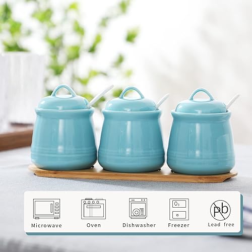 Vista 14 de HAOTOP Juego de 3 tarros de porcelana para condimentos con bandeja, 12 onzas, color blanco