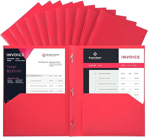 SUIN Carpetas de 2 bolsillos con 3 puntas, limas de plástico rojas con bolsillos y puntas, paquete de 12