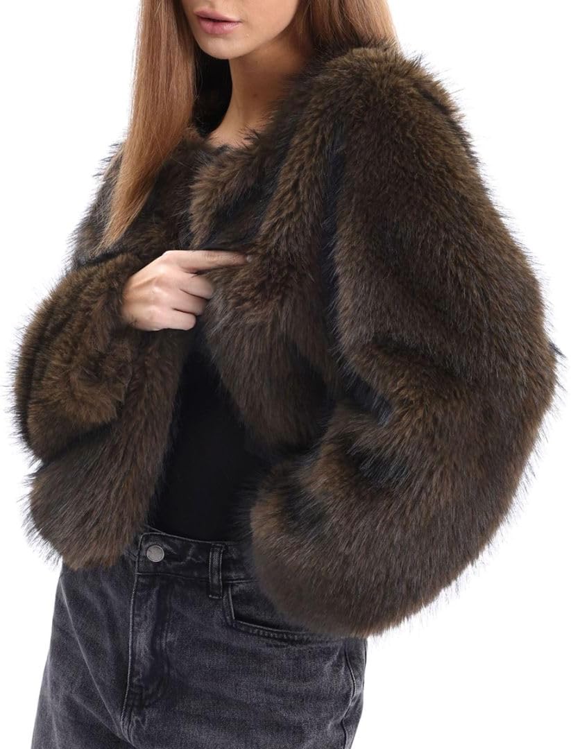Amazhiyu Women's Faux Fur Long Sleeve Open-front Winter Cropped Coat with Pockets - Image 2