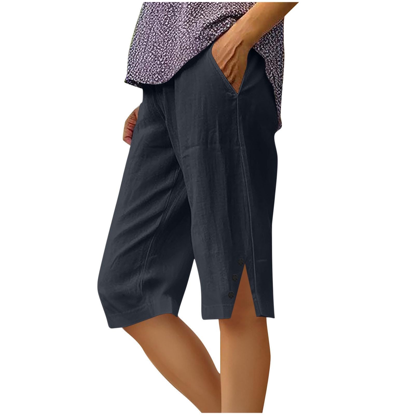 Womens Capri Pants 2026 Knee Length Cotton Linen Capris Summer Straight Leg Loose Beach Bermuda Shorts with Pockets